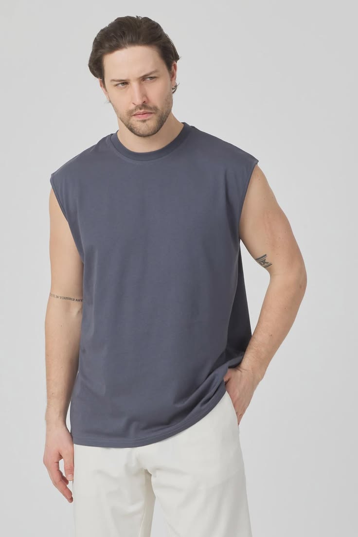 Mens Sleeveless T-Shirt 185 GSM 100% Cotton, Muscle Tee Bulk, Oversized Tank Top, Gym Shirt, Streetwear Baggy, Blank Tshirt